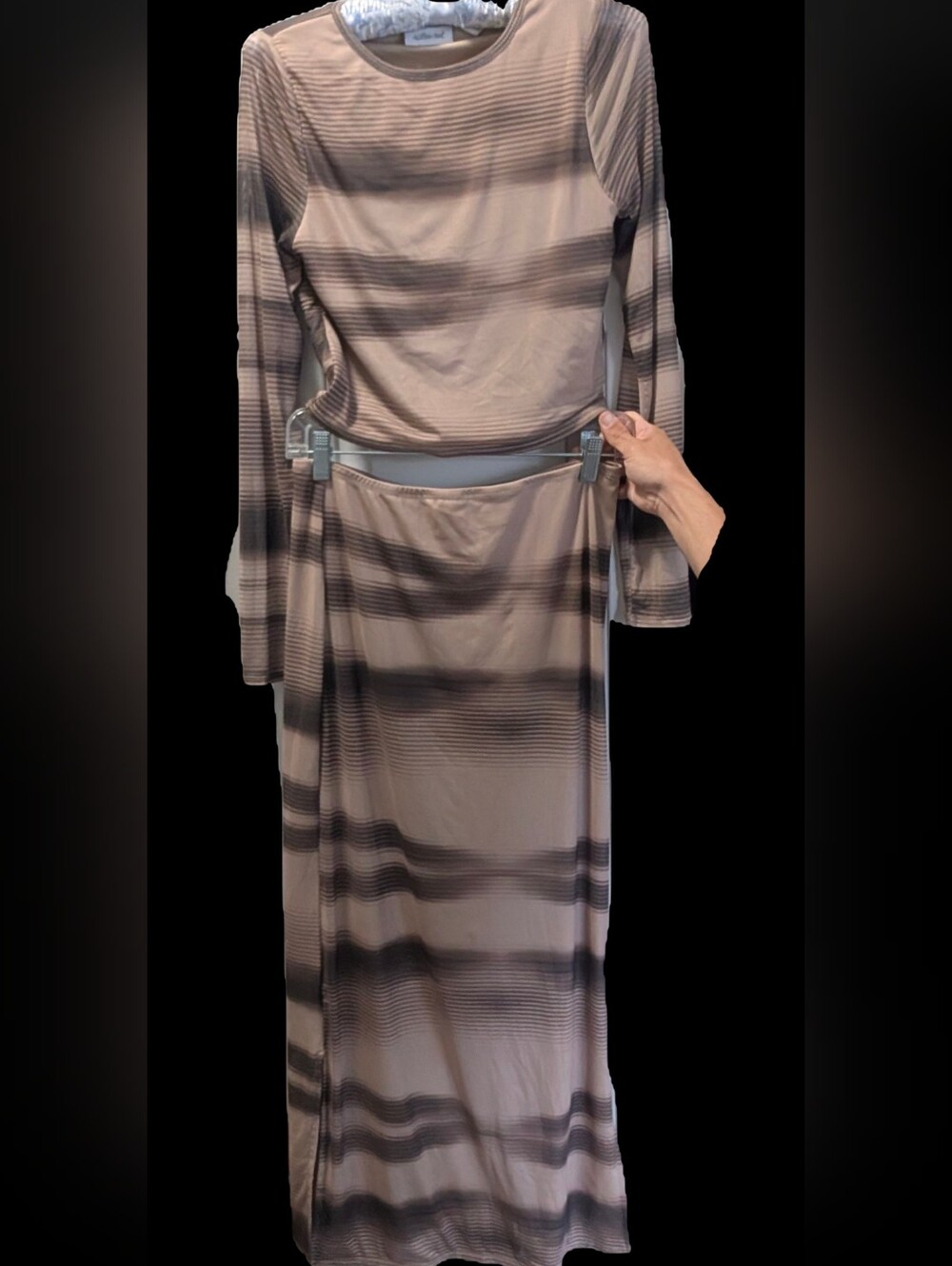 Women’s Long Sleeve Maxi Dress Co -oord Taupe Striped